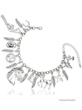 Western Cowgirl Charm Link Chain Bracelet Cuff Bangle with 18 Charms